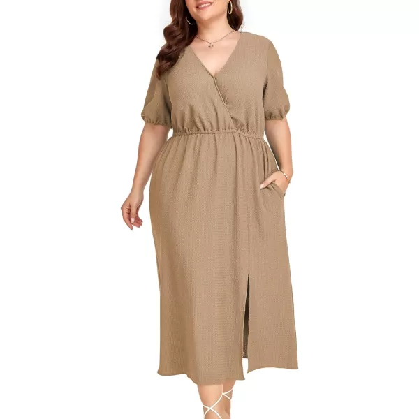 LALAGEN 2023 Plus Size Summer Dress for Women Casual Puff Sleeve V Neck Split Pocket Midi Dresses 1X6XKhaki