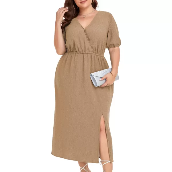 LALAGEN 2023 Plus Size Summer Dress for Women Casual Puff Sleeve V Neck Split Pocket Midi Dresses 1X6XKhaki