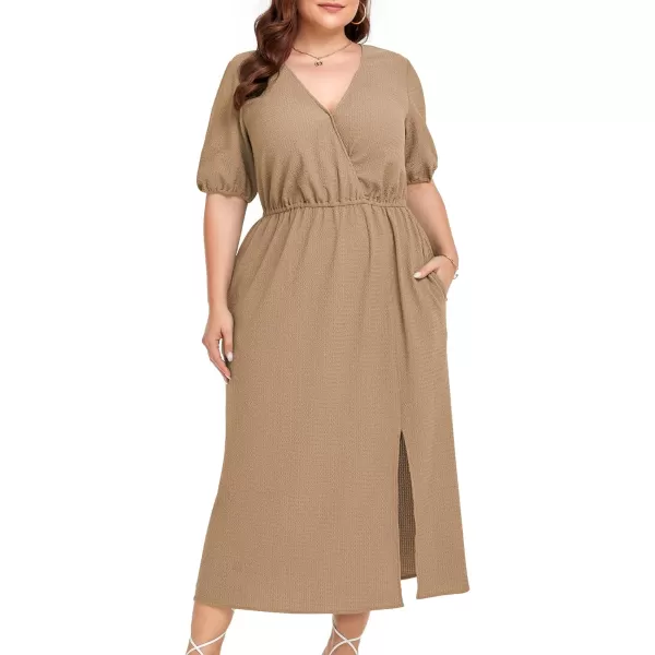 LALAGEN 2023 Plus Size Summer Dress for Women Casual Puff Sleeve V Neck Split Pocket Midi Dresses 1X6XKhaki