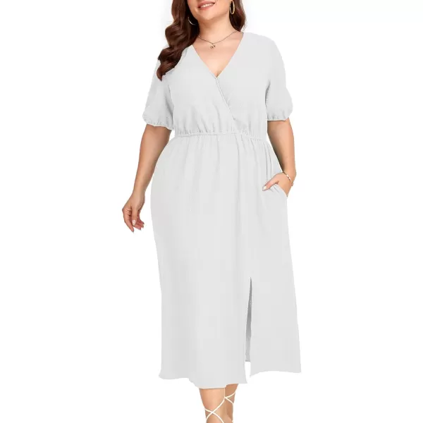 LALAGEN 2023 Plus Size Summer Dress for Women Casual Puff Sleeve V Neck Split Pocket Midi Dresses 1X6XWhite