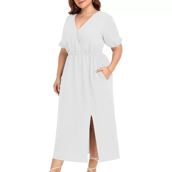 LALAGEN 2023 Plus Size Summer Dress for Women Casual Puff Sleeve V Neck Split Pocket Midi Dresses 1X6XWhite