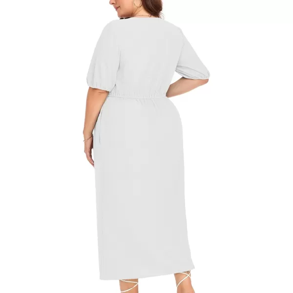 LALAGEN 2023 Plus Size Summer Dress for Women Casual Puff Sleeve V Neck Split Pocket Midi Dresses 1X6XWhite