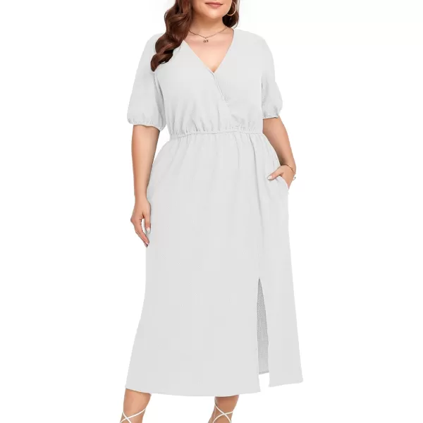 LALAGEN 2023 Plus Size Summer Dress for Women Casual Puff Sleeve V Neck Split Pocket Midi Dresses 1X6XWhite