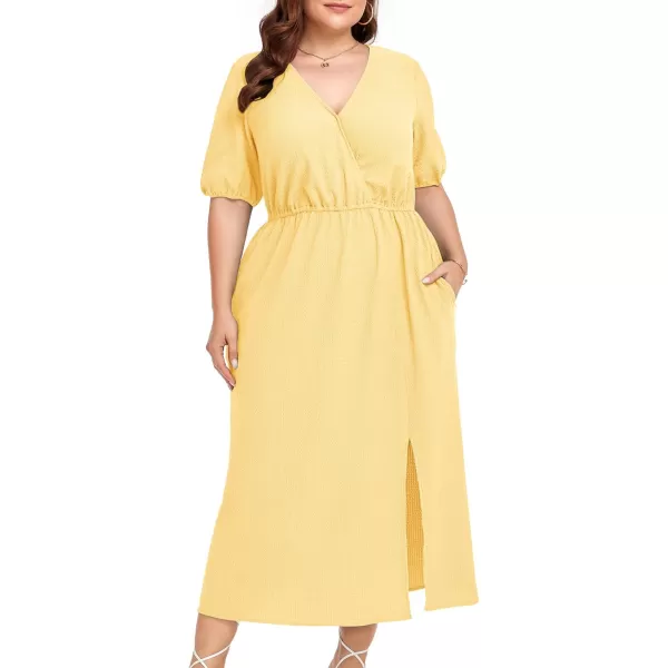 LALAGEN 2023 Plus Size Summer Dress for Women Casual Puff Sleeve V Neck Split Pocket Midi Dresses 1X6XYellow