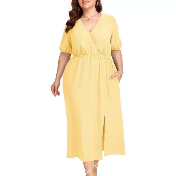 LALAGEN 2023 Plus Size Summer Dress for Women Casual Puff Sleeve V Neck Split Pocket Midi Dresses 1X6XYellow