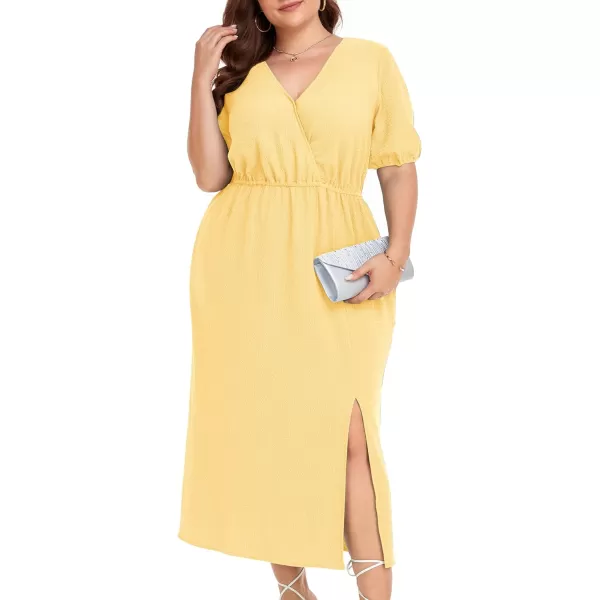 LALAGEN 2023 Plus Size Summer Dress for Women Casual Puff Sleeve V Neck Split Pocket Midi Dresses 1X6XYellow