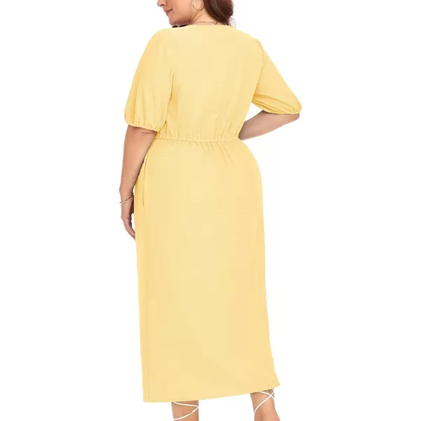 LALAGEN 2023 Plus Size Summer Dress for Women Casual Puff Sleeve V Neck Split Pocket Midi Dresses 1X6XYellow