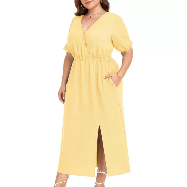 LALAGEN 2023 Plus Size Summer Dress for Women Casual Puff Sleeve V Neck Split Pocket Midi Dresses 1X6XYellow