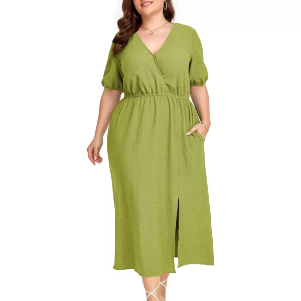 LALAGEN 2024 Plus Size Summer Dress for Women Casual Puff Sleeve V Neck Split Pocket Midi Dresses 1X6XApple Green