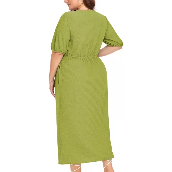 LALAGEN 2024 Plus Size Summer Dress for Women Casual Puff Sleeve V Neck Split Pocket Midi Dresses 1X6XApple Green