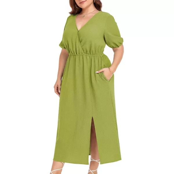 LALAGEN 2024 Plus Size Summer Dress for Women Casual Puff Sleeve V Neck Split Pocket Midi Dresses 1X6XApple Green