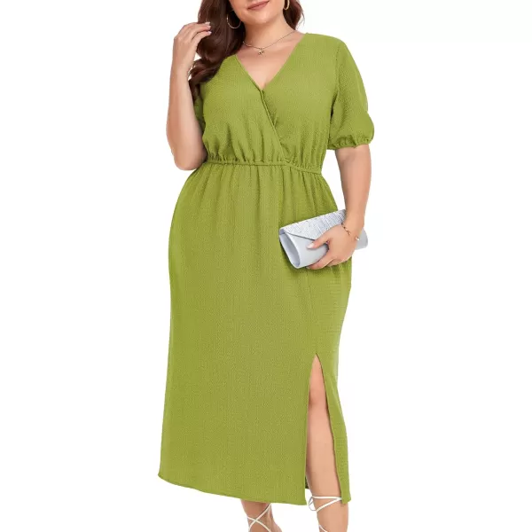 LALAGEN 2024 Plus Size Summer Dress for Women Casual Puff Sleeve V Neck Split Pocket Midi Dresses 1X6XApple Green
