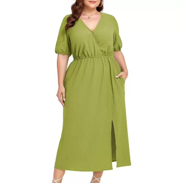 LALAGEN 2024 Plus Size Summer Dress for Women Casual Puff Sleeve V Neck Split Pocket Midi Dresses 1X6XApple Green