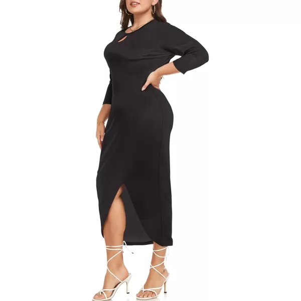 LALAGEN Plus Size Bodycon Maxi Dress for Women 34 Sleeve Colorblock Split Business Sheath Pencil Dress 1X6XBlack