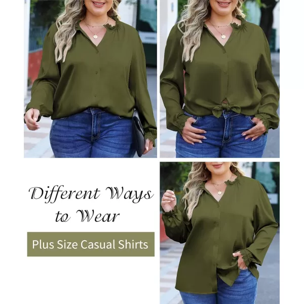 LALAGEN Plus Size Button Down Shirts Satin Tops for Women Long Lantern Sleeve V Neck Tunic Fall Tops Casual Work Blouse 1X5XArmy Green