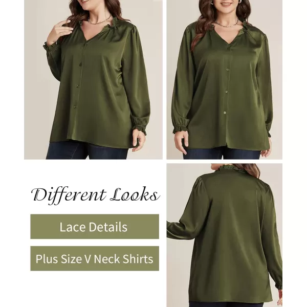 LALAGEN Plus Size Button Down Shirts Satin Tops for Women Long Lantern Sleeve V Neck Tunic Fall Tops Casual Work Blouse 1X5XArmy Green