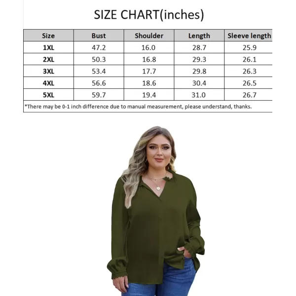 LALAGEN Plus Size Button Down Shirts Satin Tops for Women Long Lantern Sleeve V Neck Tunic Fall Tops Casual Work Blouse 1X5XArmy Green