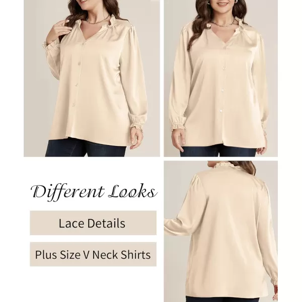 LALAGEN Plus Size Button Down Shirts Satin Tops for Women Long Lantern Sleeve V Neck Tunic Fall Tops Casual Work Blouse 1X5XBasic Champagne