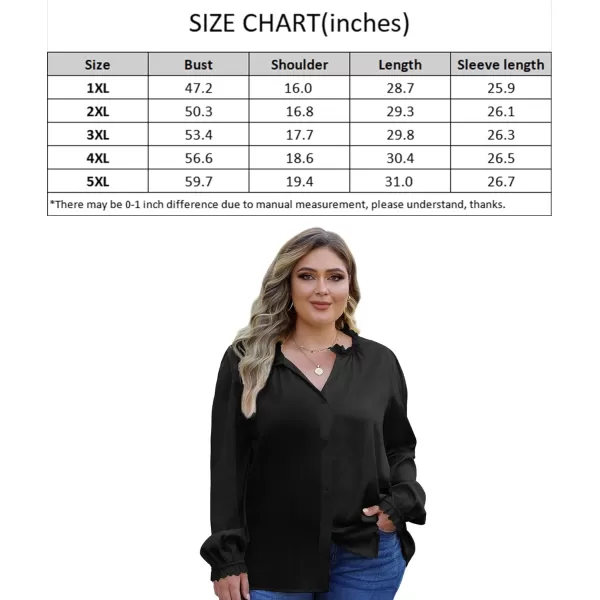 LALAGEN Plus Size Button Down Shirts Satin Tops for Women Long Lantern Sleeve V Neck Tunic Fall Tops Casual Work Blouse 1X5XBlack