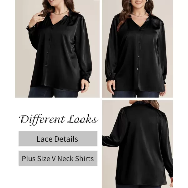 LALAGEN Plus Size Button Down Shirts Satin Tops for Women Long Lantern Sleeve V Neck Tunic Fall Tops Casual Work Blouse 1X5XBlack