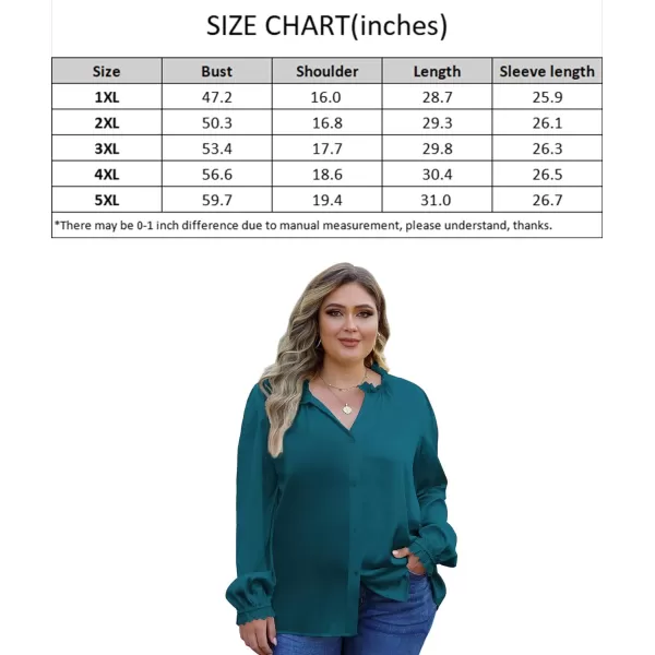 LALAGEN Plus Size Button Down Shirts Satin Tops for Women Long Lantern Sleeve V Neck Tunic Fall Tops Casual Work Blouse 1X5XPeacock Blue