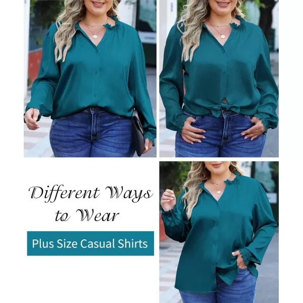LALAGEN Plus Size Button Down Shirts Satin Tops for Women Long Lantern Sleeve V Neck Tunic Fall Tops Casual Work Blouse 1X5XPeacock Blue