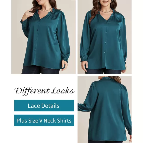 LALAGEN Plus Size Button Down Shirts Satin Tops for Women Long Lantern Sleeve V Neck Tunic Fall Tops Casual Work Blouse 1X5XPeacock Blue