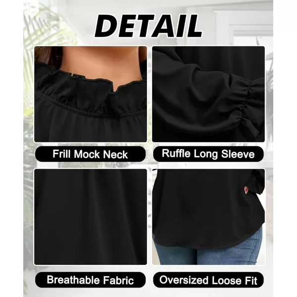 LALAGEN Plus Size Puff Long Sleeve Tops for Women Casual Frill Mock Neck Ruffled Blouse Loose Fit Tunic Shirts 1X5XAblack