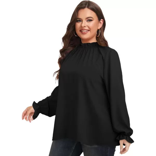 LALAGEN Plus Size Puff Long Sleeve Tops for Women Casual Frill Mock Neck Ruffled Blouse Loose Fit Tunic Shirts 1X5XAblack