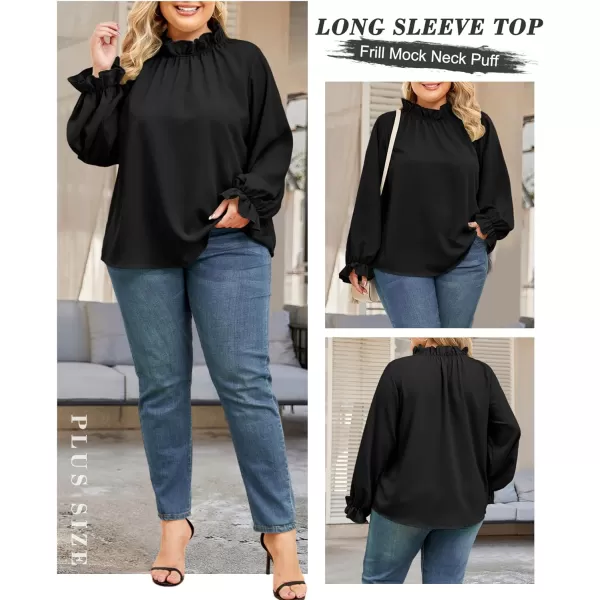 LALAGEN Plus Size Puff Long Sleeve Tops for Women Casual Frill Mock Neck Ruffled Blouse Loose Fit Tunic Shirts 1X5XBlack2