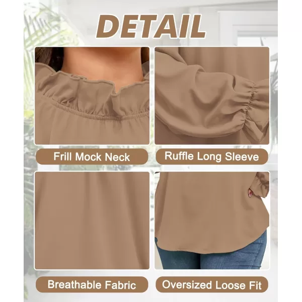 LALAGEN Plus Size Puff Long Sleeve Tops for Women Casual Frill Mock Neck Ruffled Blouse Loose Fit Tunic Shirts 1X5XBrown