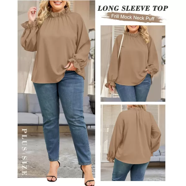 LALAGEN Plus Size Puff Long Sleeve Tops for Women Casual Frill Mock Neck Ruffled Blouse Loose Fit Tunic Shirts 1X5XBrown