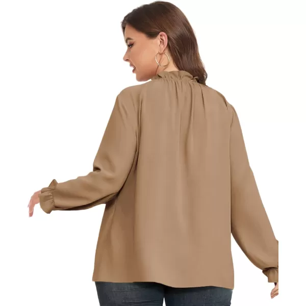 LALAGEN Plus Size Puff Long Sleeve Tops for Women Casual Frill Mock Neck Ruffled Blouse Loose Fit Tunic Shirts 1X5XBrown