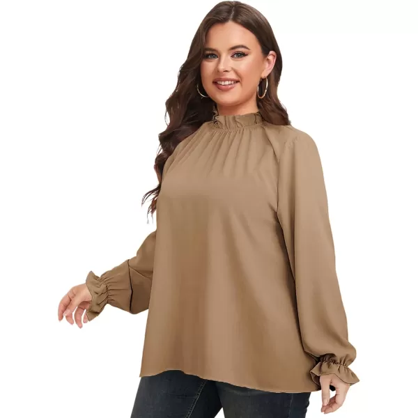 LALAGEN Plus Size Puff Long Sleeve Tops for Women Casual Frill Mock Neck Ruffled Blouse Loose Fit Tunic Shirts 1X5XBrown