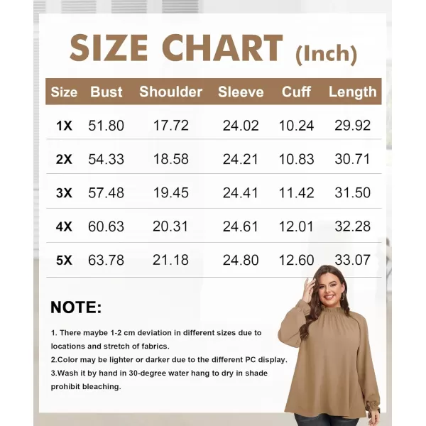 LALAGEN Plus Size Puff Long Sleeve Tops for Women Casual Frill Mock Neck Ruffled Blouse Loose Fit Tunic Shirts 1X5XBrown