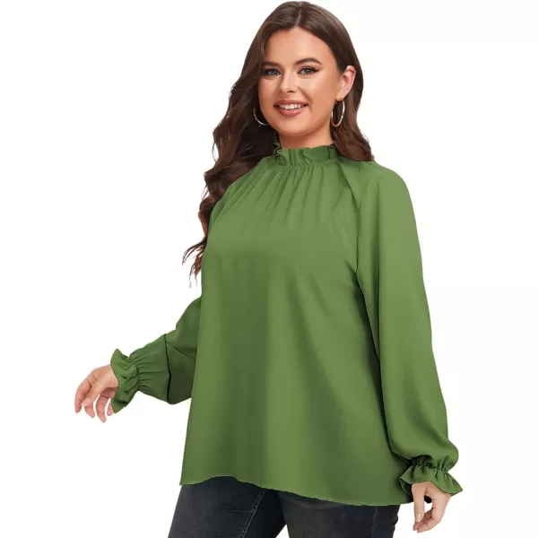 LALAGEN Plus Size Puff Long Sleeve Tops for Women Casual Frill Mock Neck Ruffled Blouse Loose Fit Tunic Shirts 1X5XGreen