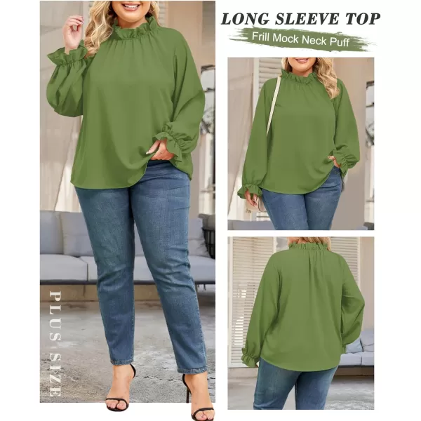 LALAGEN Plus Size Puff Long Sleeve Tops for Women Casual Frill Mock Neck Ruffled Blouse Loose Fit Tunic Shirts 1X5XGreen