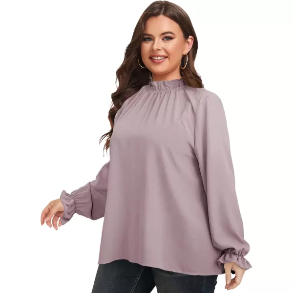 LALAGEN Plus Size Puff Long Sleeve Tops for Women Casual Frill Mock Neck Ruffled Blouse Loose Fit Tunic Shirts 1X5XPurple4