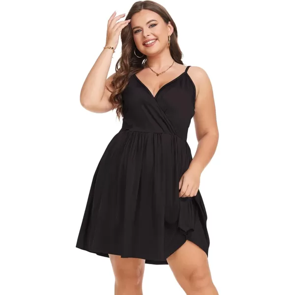LALAGEN Plus Size Summer Dress for Women Spaghetti Strap Wrap V Neck Swing Beach Mini Sundress 1X6XBlack