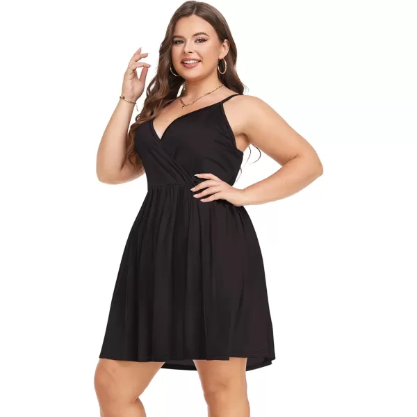 LALAGEN Plus Size Summer Dress for Women Spaghetti Strap Wrap V Neck Swing Beach Mini Sundress 1X6XBlack