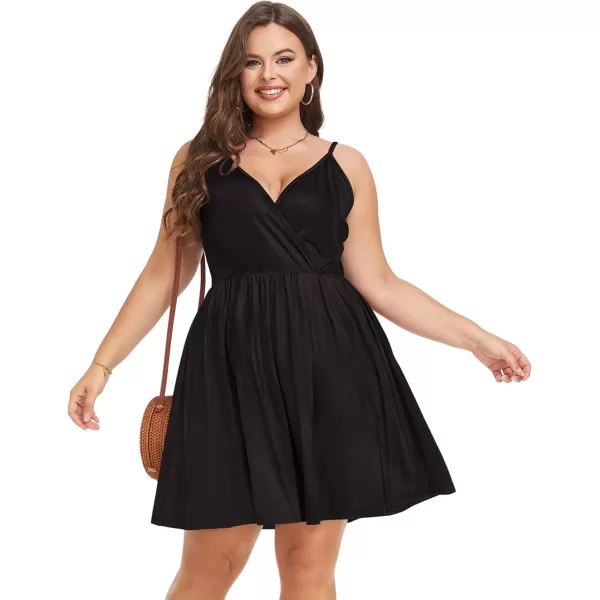 LALAGEN Plus Size Summer Dress for Women Spaghetti Strap Wrap V Neck Swing Beach Mini Sundress 1X6XBlack