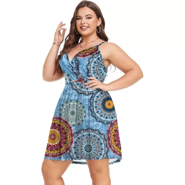 LALAGEN Plus Size Summer Dress for Women Spaghetti Strap Wrap V Neck Swing Beach Mini Sundress 1X6XBoho Blue