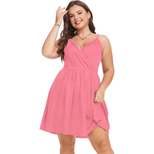 LALAGEN Plus Size Summer Dress for Women Spaghetti Strap Wrap V Neck Swing Beach Mini Sundress 1X6XPink