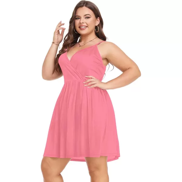 LALAGEN Plus Size Summer Dress for Women Spaghetti Strap Wrap V Neck Swing Beach Mini Sundress 1X6XPink