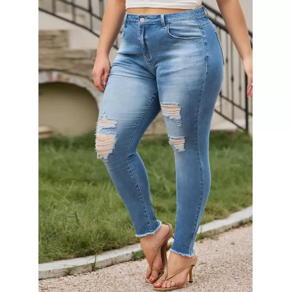 LALAGEN Women 2024 Plus Size Skinny Jeans Stretchy High Waisted Ankle Jean Destroyed Ripped Denim Pants 1X5XBlue