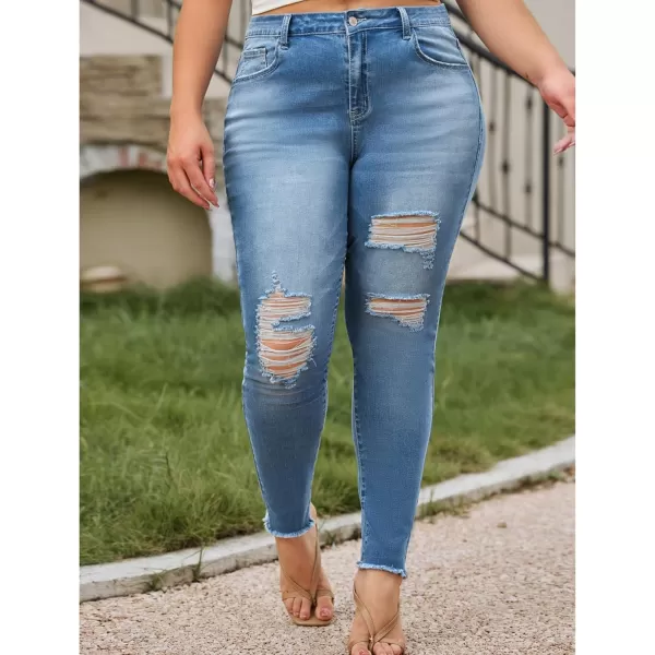 LALAGEN Women 2024 Plus Size Skinny Jeans Stretchy High Waisted Ankle Jean Destroyed Ripped Denim Pants 1X5XBlue