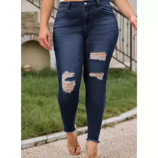 LALAGEN Women 2024 Plus Size Skinny Jeans Stretchy High Waisted Ankle Jean Destroyed Ripped Denim Pants 1X5XDeep Blue