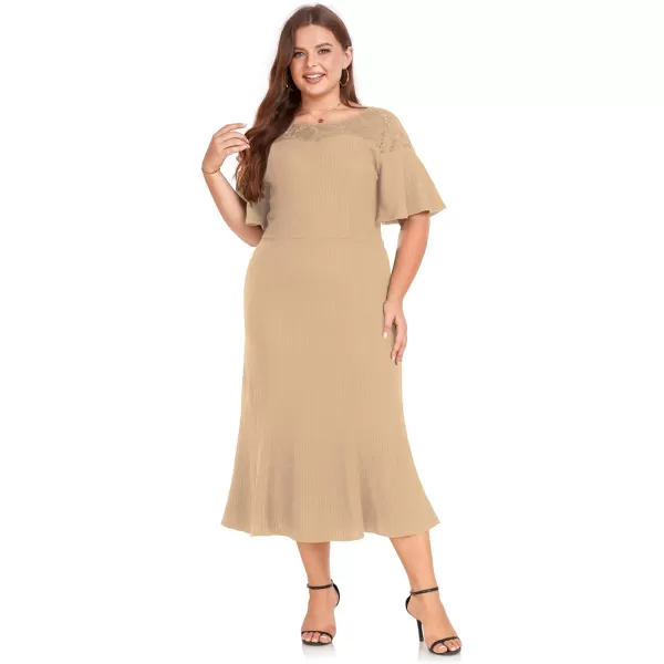 LALAGEN Womens 2023 Plus Size Wedding Guest Midi Dress Lace Patchwork Elegant Ruffle Short Sleeve Flare Cocktail Party DressApricot