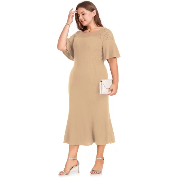 LALAGEN Womens 2023 Plus Size Wedding Guest Midi Dress Lace Patchwork Elegant Ruffle Short Sleeve Flare Cocktail Party DressApricot