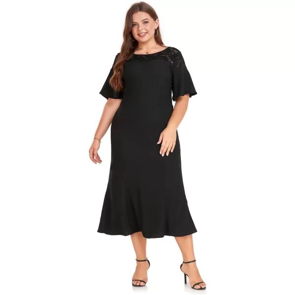 LALAGEN Womens 2023 Plus Size Wedding Guest Midi Dress Lace Patchwork Elegant Ruffle Short Sleeve Flare Cocktail Party DressBlack